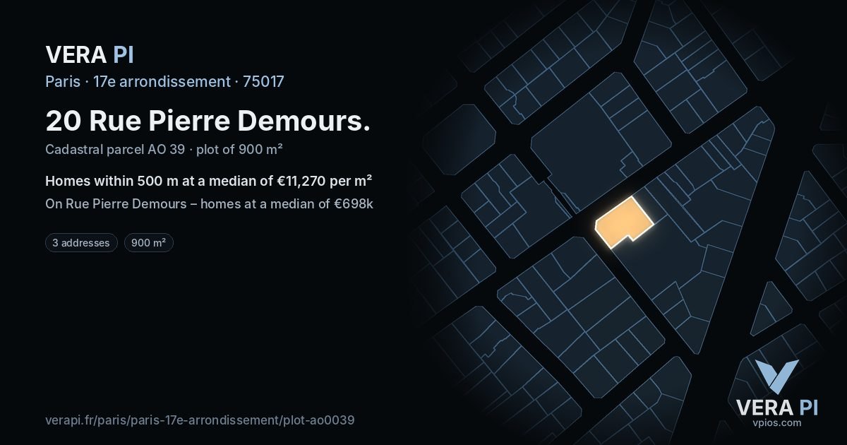20 Rue Pierre Demours, 17e arrondissement at night – the plot lit, the parcels around coloured by the prices near them