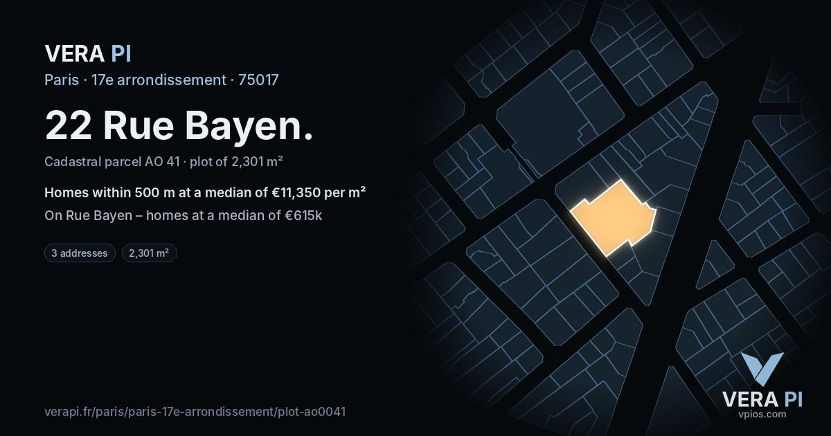 22 Rue Bayen, 17e arrondissement at night – the plot lit, the parcels around coloured by the prices near them