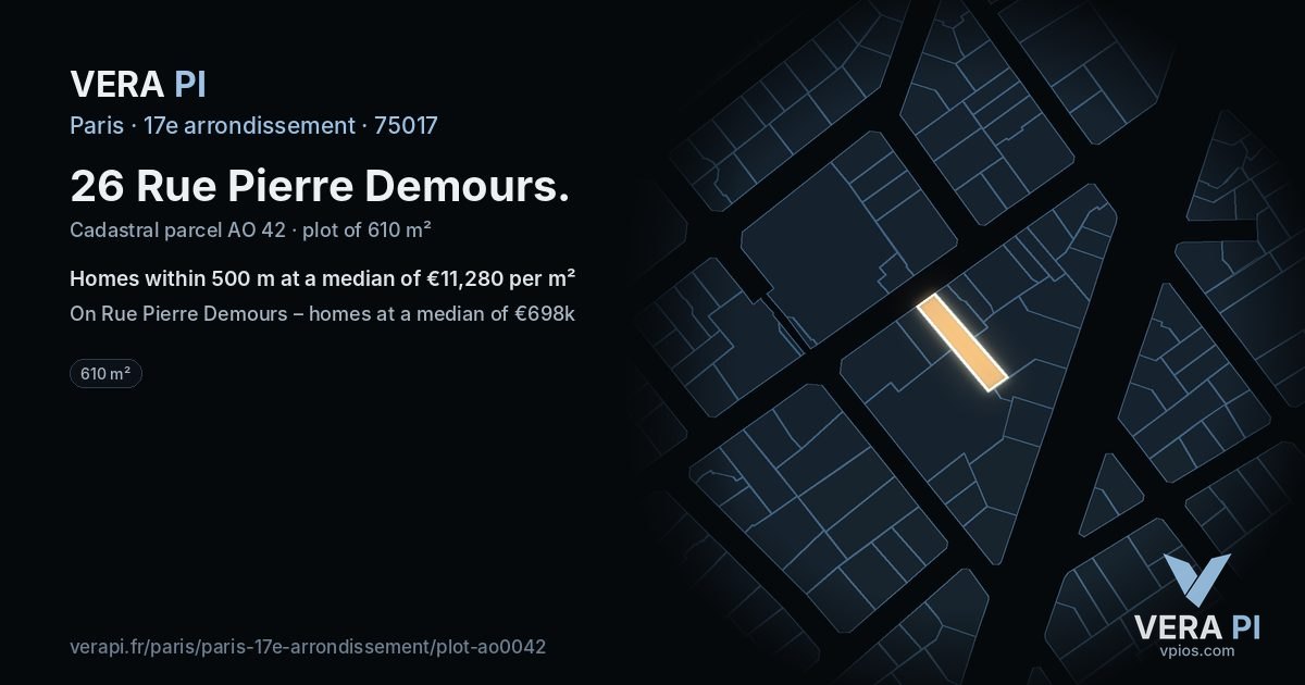 26 Rue Pierre Demours, 17e arrondissement at night – the plot lit, the parcels around coloured by the prices near them