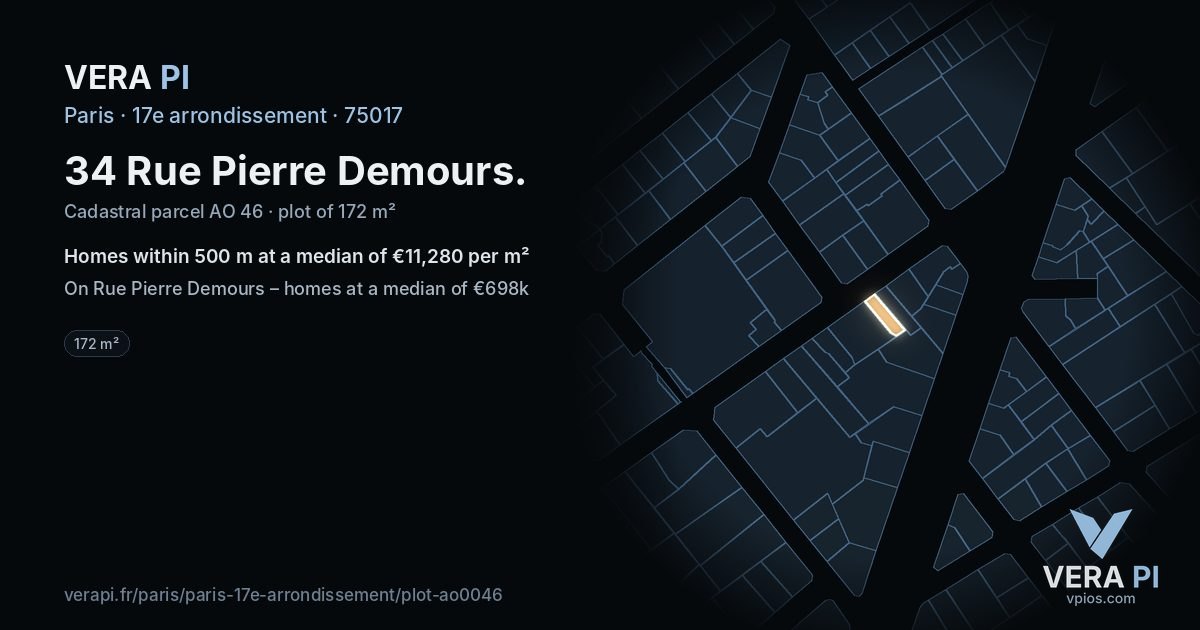 34 Rue Pierre Demours, 17e arrondissement at night – the plot lit, the parcels around coloured by the prices near them