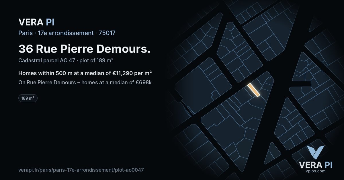 36 Rue Pierre Demours, 17e arrondissement at night – the plot lit, the parcels around coloured by the prices near them