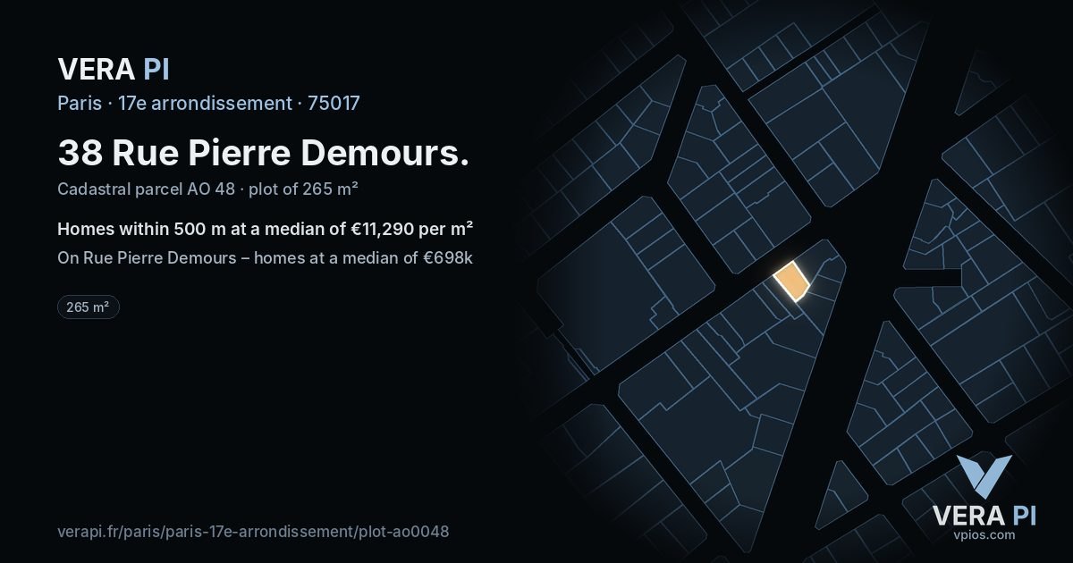 38 Rue Pierre Demours, 17e arrondissement at night – the plot lit, the parcels around coloured by the prices near them