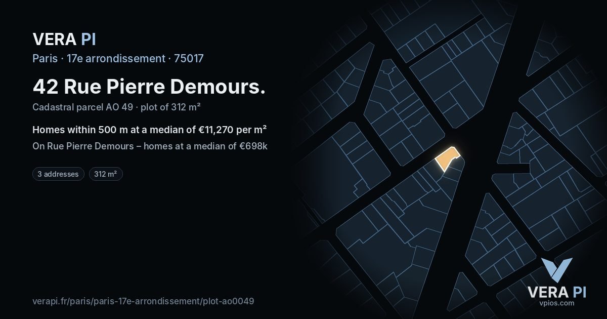 42 Rue Pierre Demours, 17e arrondissement at night – the plot lit, the parcels around coloured by the prices near them
