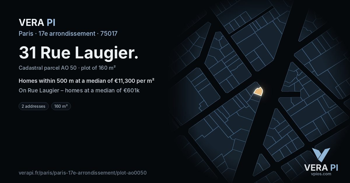 31 Rue Laugier, 17e arrondissement at night – the plot lit, the parcels around coloured by the prices near them