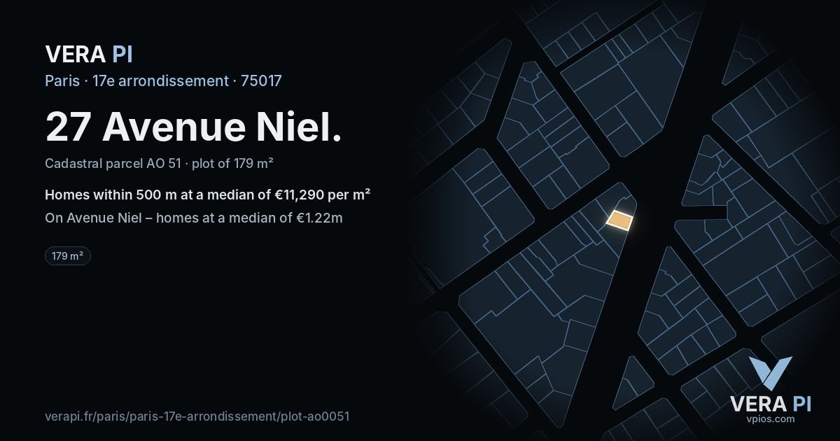 27 Avenue Niel, 17e arrondissement at night – the plot lit, the parcels around coloured by the prices near them