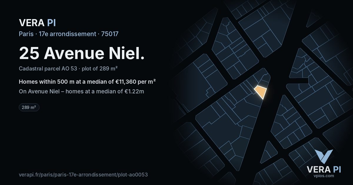 25 Avenue Niel, 17e arrondissement at night – the plot lit, the parcels around coloured by the prices near them