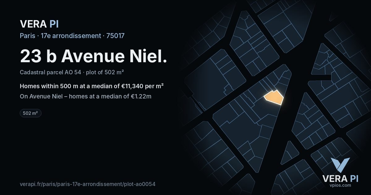 23 b Avenue Niel, 17e arrondissement at night – the plot lit, the parcels around coloured by the prices near them
