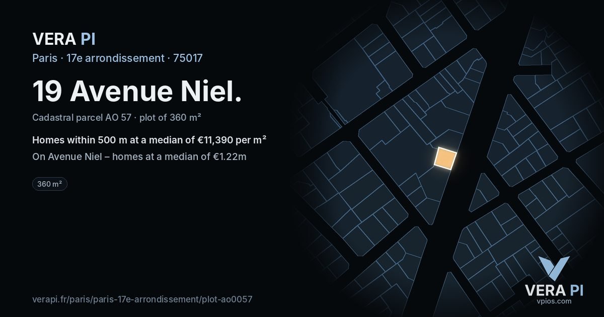 19 Avenue Niel, 17e arrondissement at night – the plot lit, the parcels around coloured by the prices near them