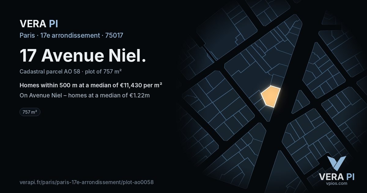 17 Avenue Niel, 17e arrondissement at night – the plot lit, the parcels around coloured by the prices near them