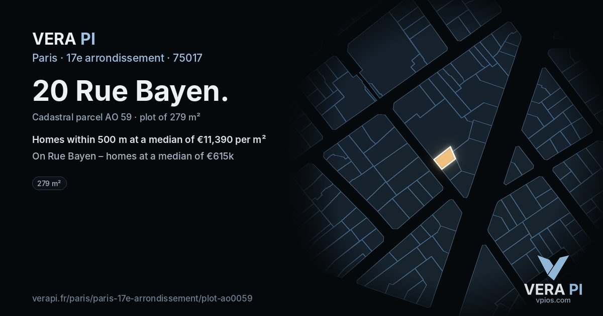 20 Rue Bayen, 17e arrondissement at night – the plot lit, the parcels around coloured by the prices near them