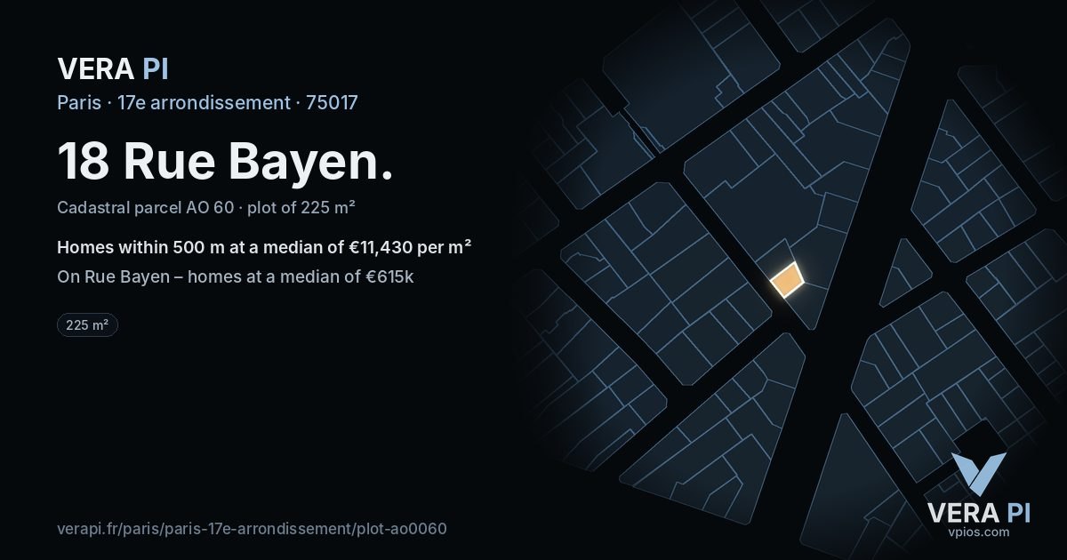 18 Rue Bayen, 17e arrondissement at night – the plot lit, the parcels around coloured by the prices near them