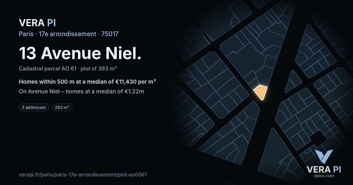 13 Avenue Niel, 17e arrondissement at night – the plot lit, the parcels around coloured by the prices near them