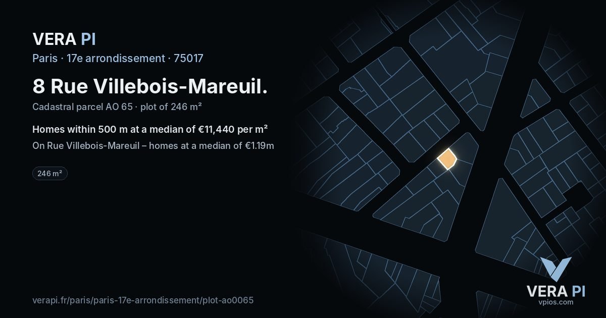 8 Rue Villebois-Mareuil, 17e arrondissement at night – the plot lit, the parcels around coloured by the prices near them