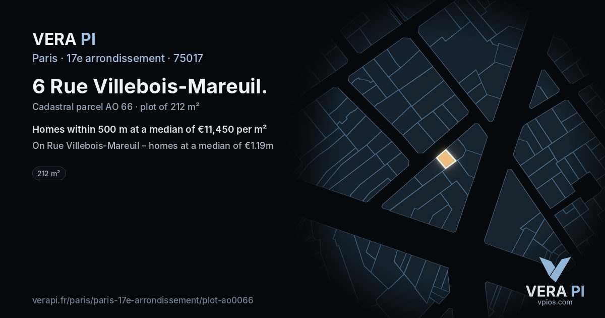 6 Rue Villebois-Mareuil, 17e arrondissement at night – the plot lit, the parcels around coloured by the prices near them