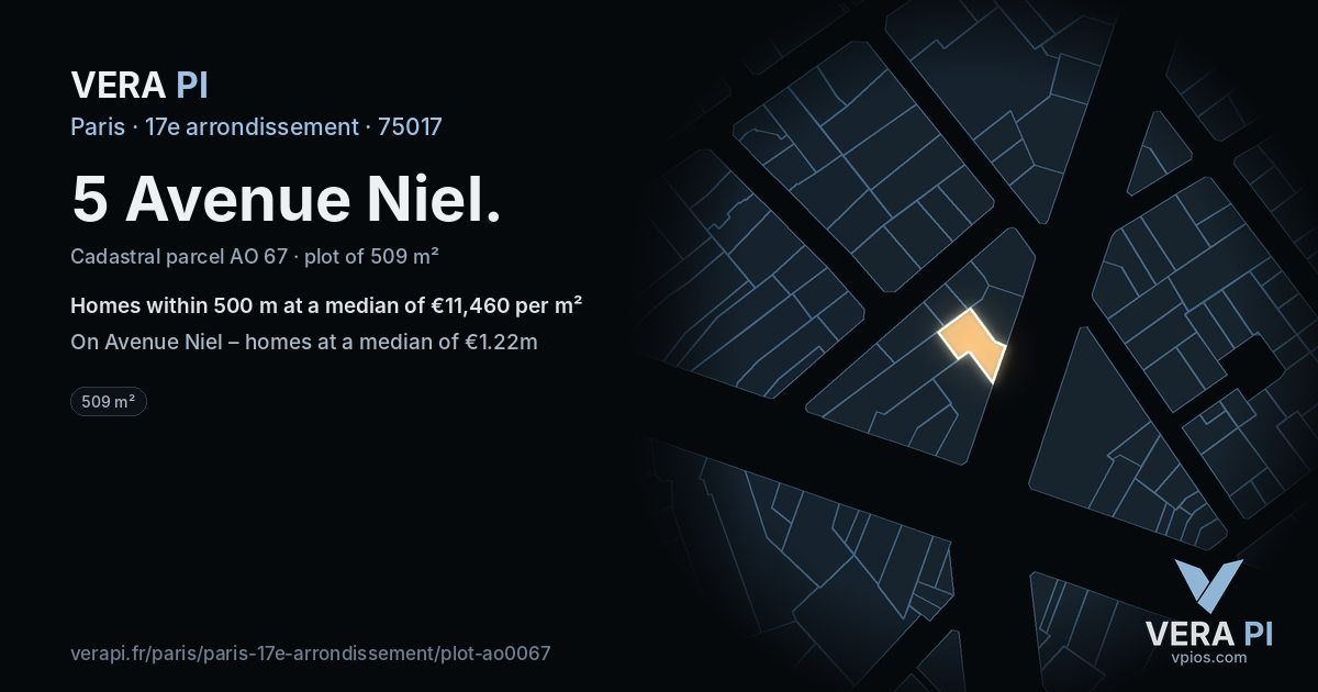 5 Avenue Niel, 17e arrondissement at night – the plot lit, the parcels around coloured by the prices near them