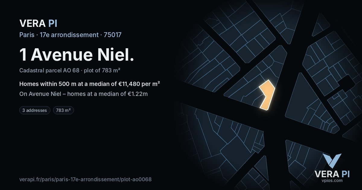 1 Avenue Niel, 17e arrondissement at night – the plot lit, the parcels around coloured by the prices near them