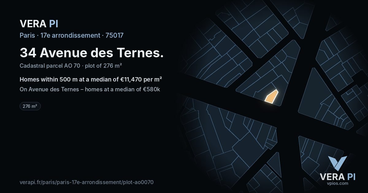 34 Avenue des Ternes, 17e arrondissement at night – the plot lit, the parcels around coloured by the prices near them