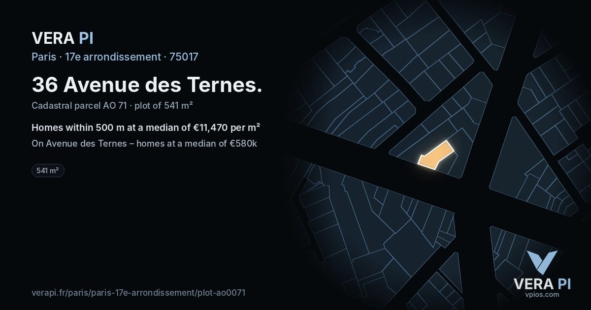 36 Avenue des Ternes, 17e arrondissement at night – the plot lit, the parcels around coloured by the prices near them