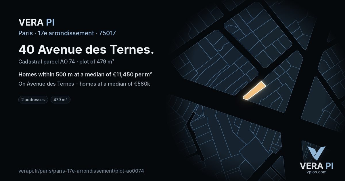 40 Avenue des Ternes, 17e arrondissement at night – the plot lit, the parcels around coloured by the prices near them