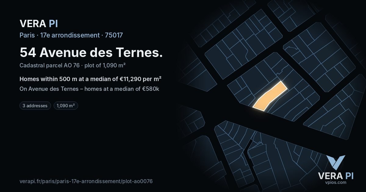 54 Avenue des Ternes, 17e arrondissement at night – the plot lit, the parcels around coloured by the prices near them