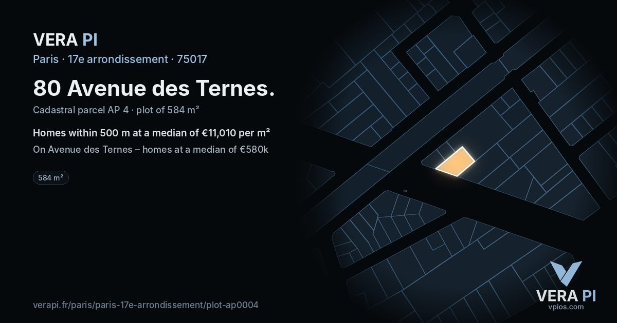 80 Avenue des Ternes, 17e arrondissement at night – the plot lit, the parcels around coloured by the prices near them