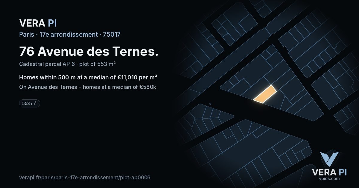 76 Avenue des Ternes, 17e arrondissement at night – the plot lit, the parcels around coloured by the prices near them