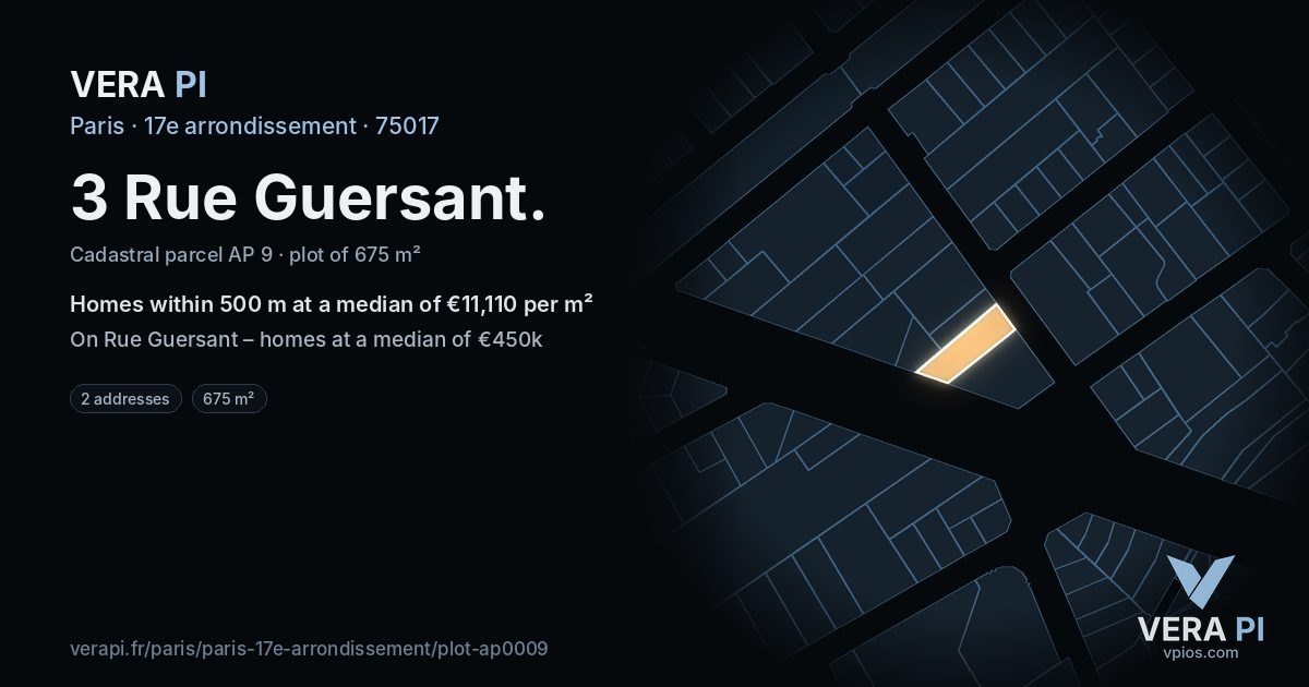 3 Rue Guersant, 17e arrondissement at night – the plot lit, the parcels around coloured by the prices near them