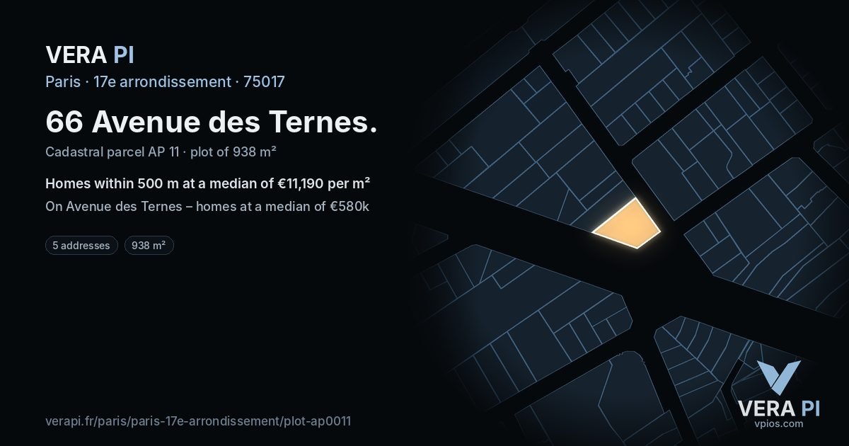 66 Avenue des Ternes, 17e arrondissement at night – the plot lit, the parcels around coloured by the prices near them