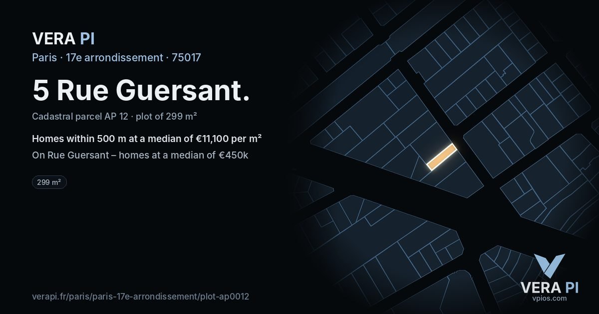 5 Rue Guersant, 17e arrondissement at night – the plot lit, the parcels around coloured by the prices near them