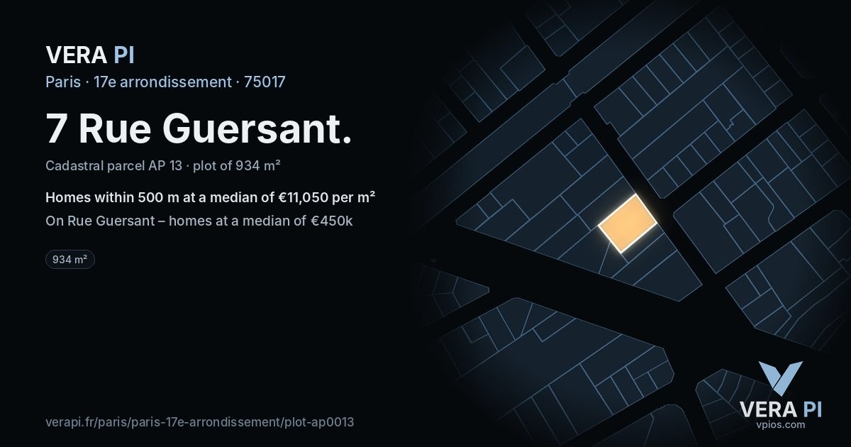 7 Rue Guersant, 17e arrondissement at night – the plot lit, the parcels around coloured by the prices near them