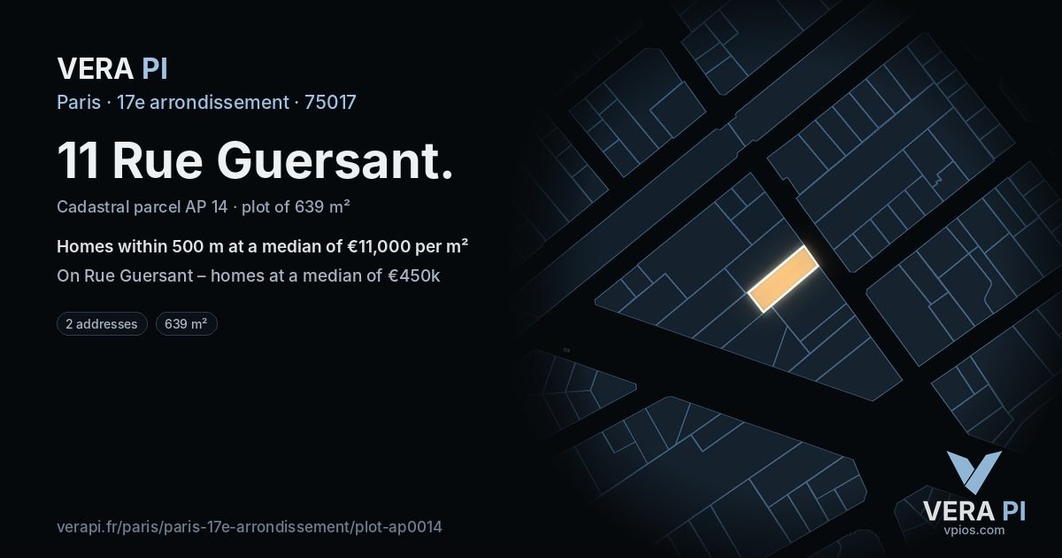 11 Rue Guersant, 17e arrondissement at night – the plot lit, the parcels around coloured by the prices near them