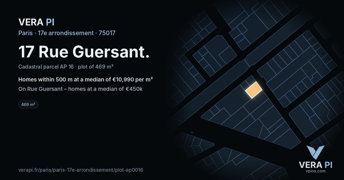 17 Rue Guersant, 17e arrondissement at night – the plot lit, the parcels around coloured by the prices near them