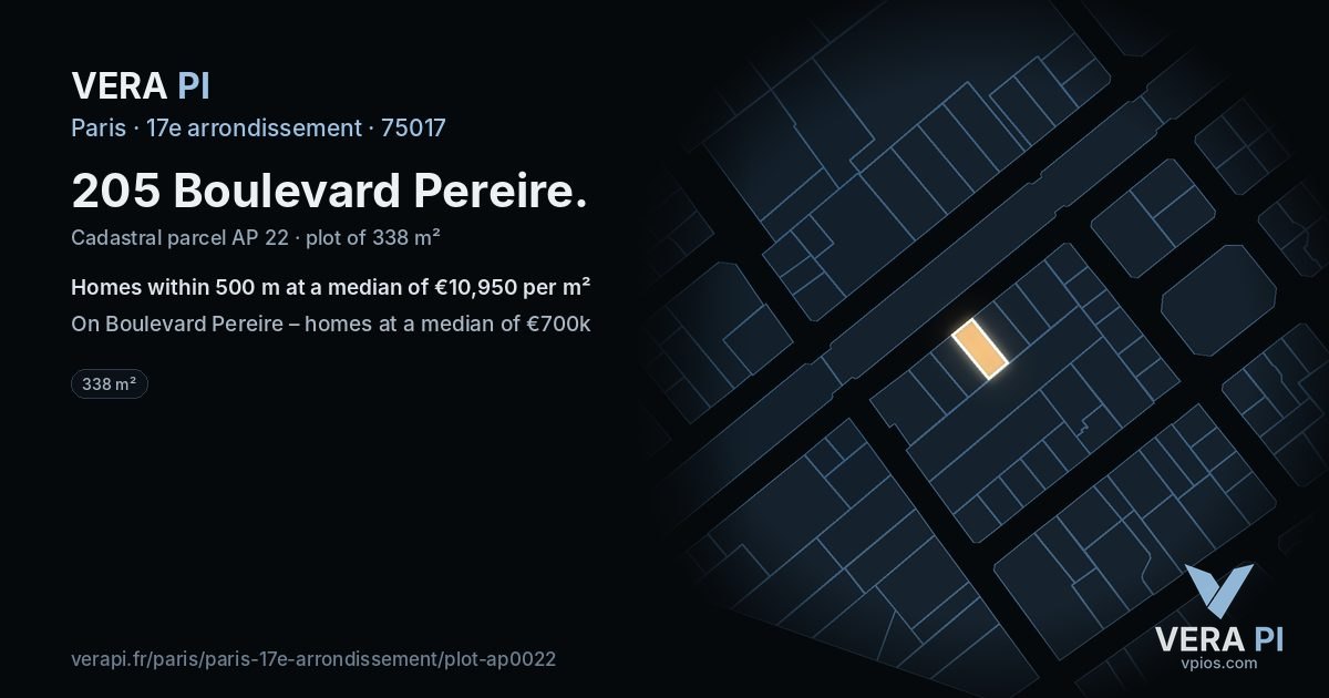 205 Boulevard Pereire, 17e arrondissement at night – the plot lit, the parcels around coloured by the prices near them
