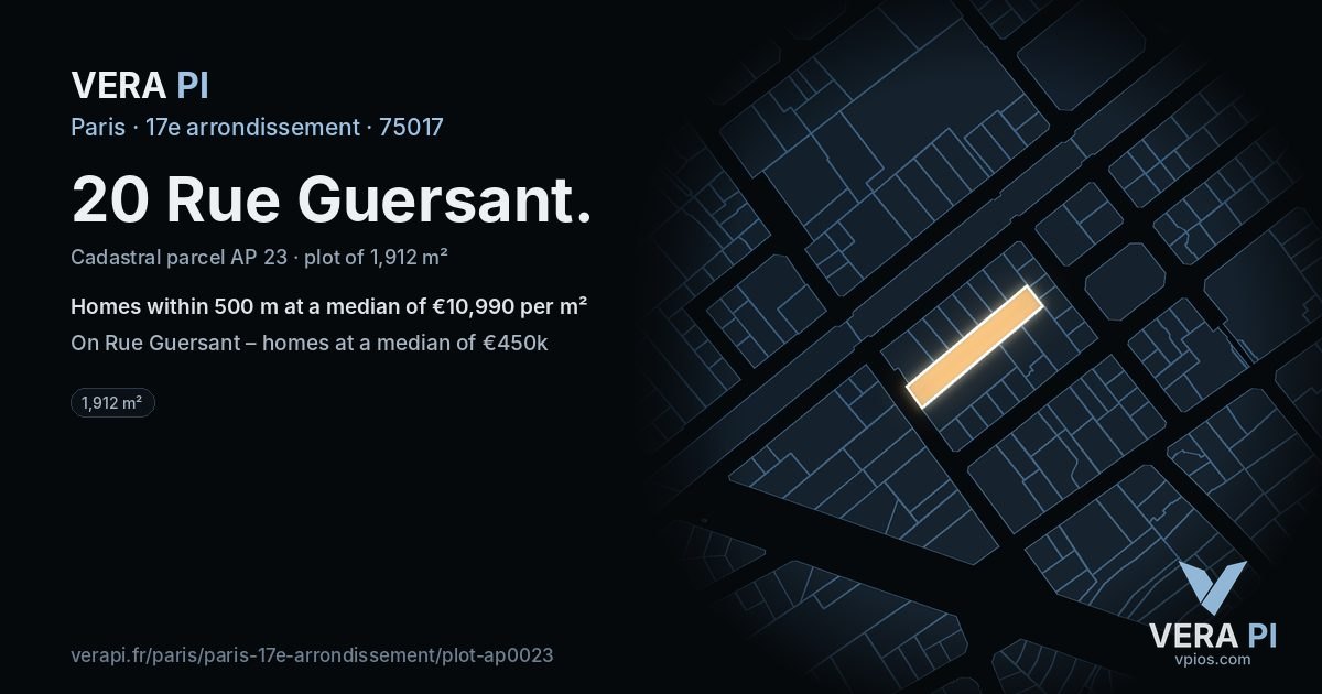 20 Rue Guersant, 17e arrondissement at night – the plot lit, the parcels around coloured by the prices near them