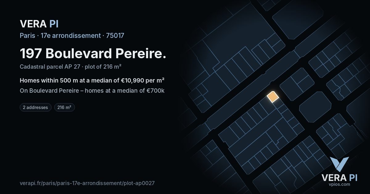 197 Boulevard Pereire, 17e arrondissement at night – the plot lit, the parcels around coloured by the prices near them