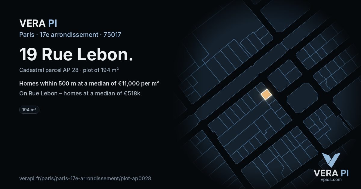 19 Rue Lebon, 17e arrondissement at night – the plot lit, the parcels around coloured by the prices near them