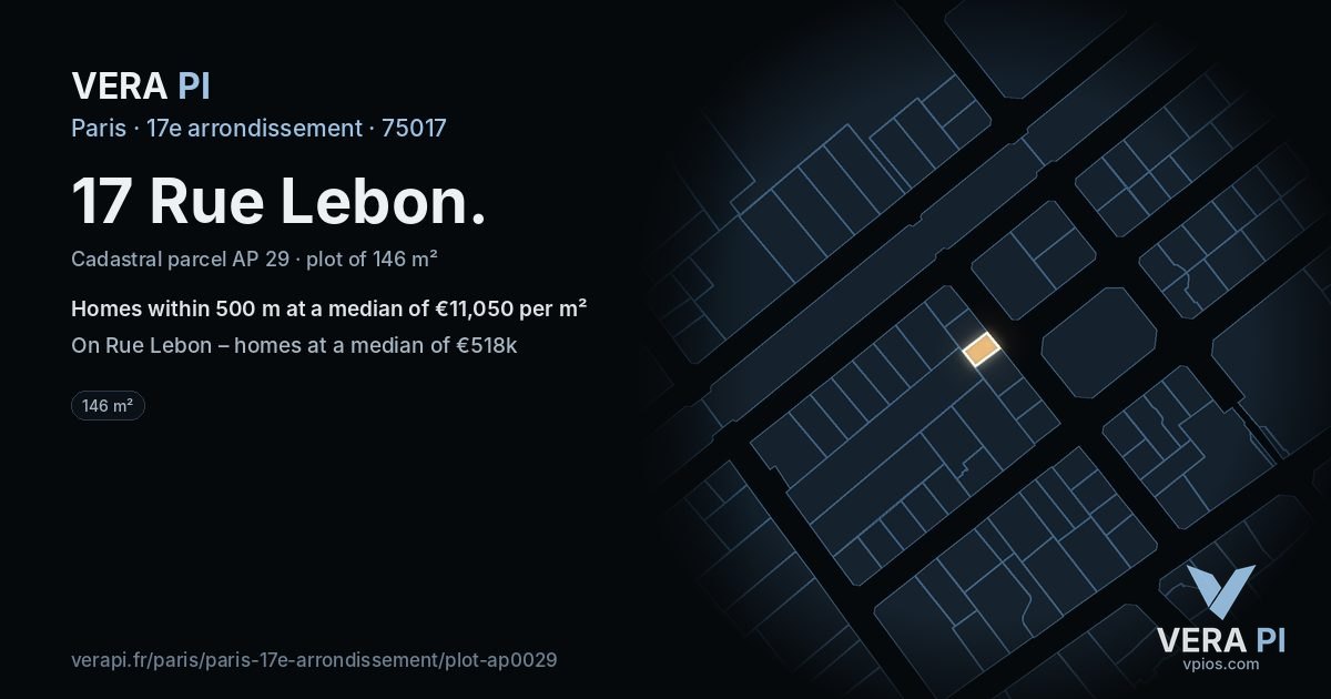 17 Rue Lebon, 17e arrondissement at night – the plot lit, the parcels around coloured by the prices near them
