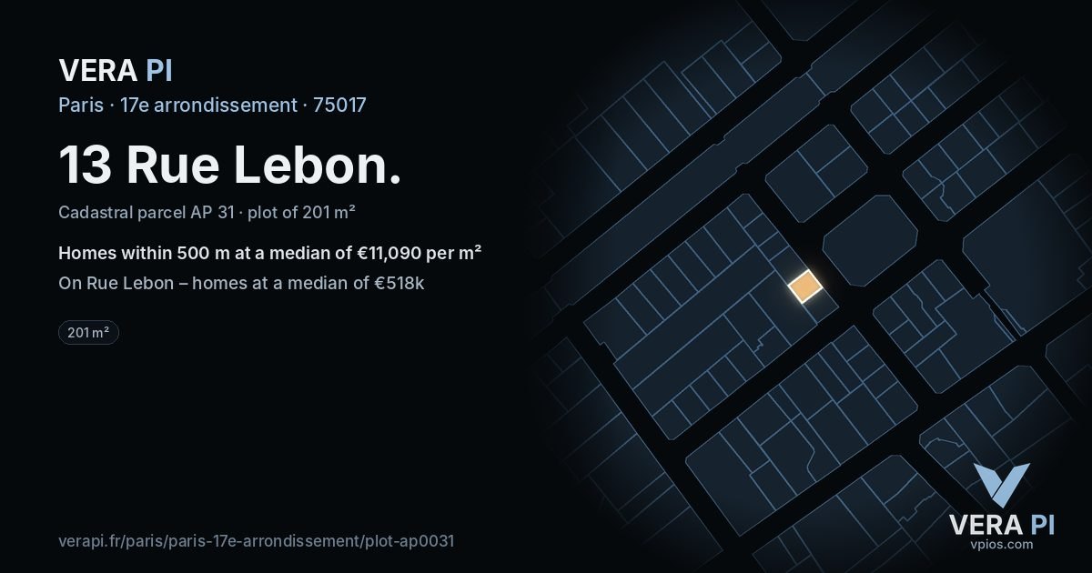 13 Rue Lebon, 17e arrondissement at night – the plot lit, the parcels around coloured by the prices near them