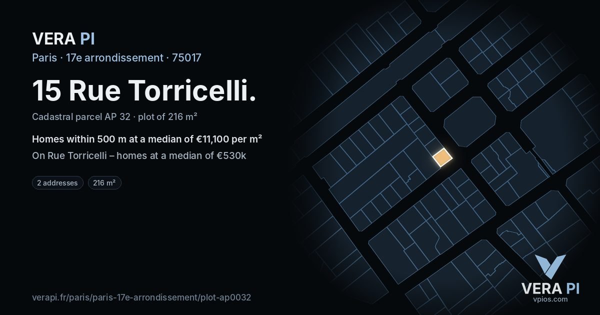 15 Rue Torricelli, 17e arrondissement at night – the plot lit, the parcels around coloured by the prices near them
