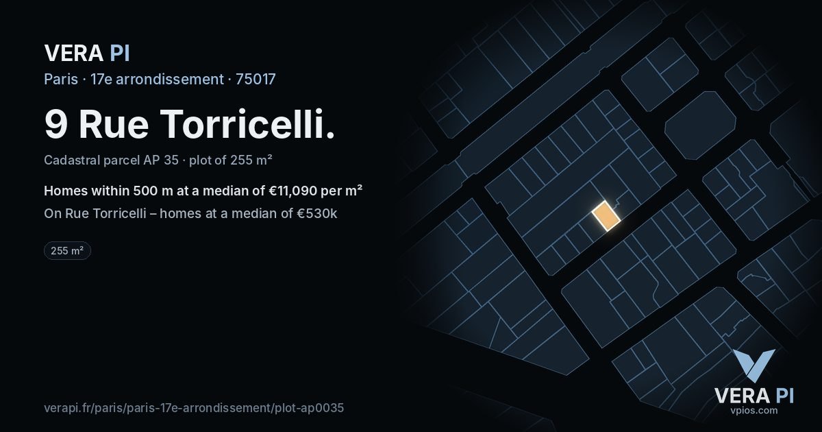 9 Rue Torricelli, 17e arrondissement at night – the plot lit, the parcels around coloured by the prices near them