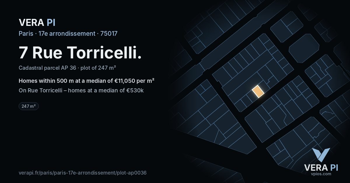 7 Rue Torricelli, 17e arrondissement at night – the plot lit, the parcels around coloured by the prices near them