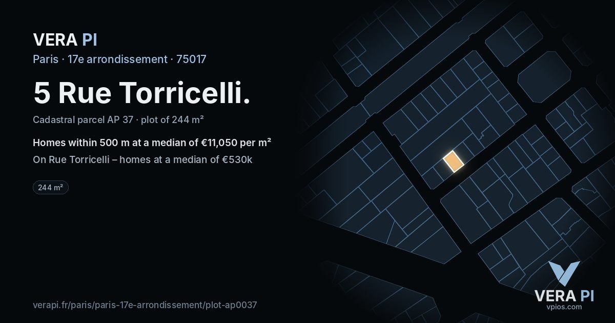 5 Rue Torricelli, 17e arrondissement at night – the plot lit, the parcels around coloured by the prices near them