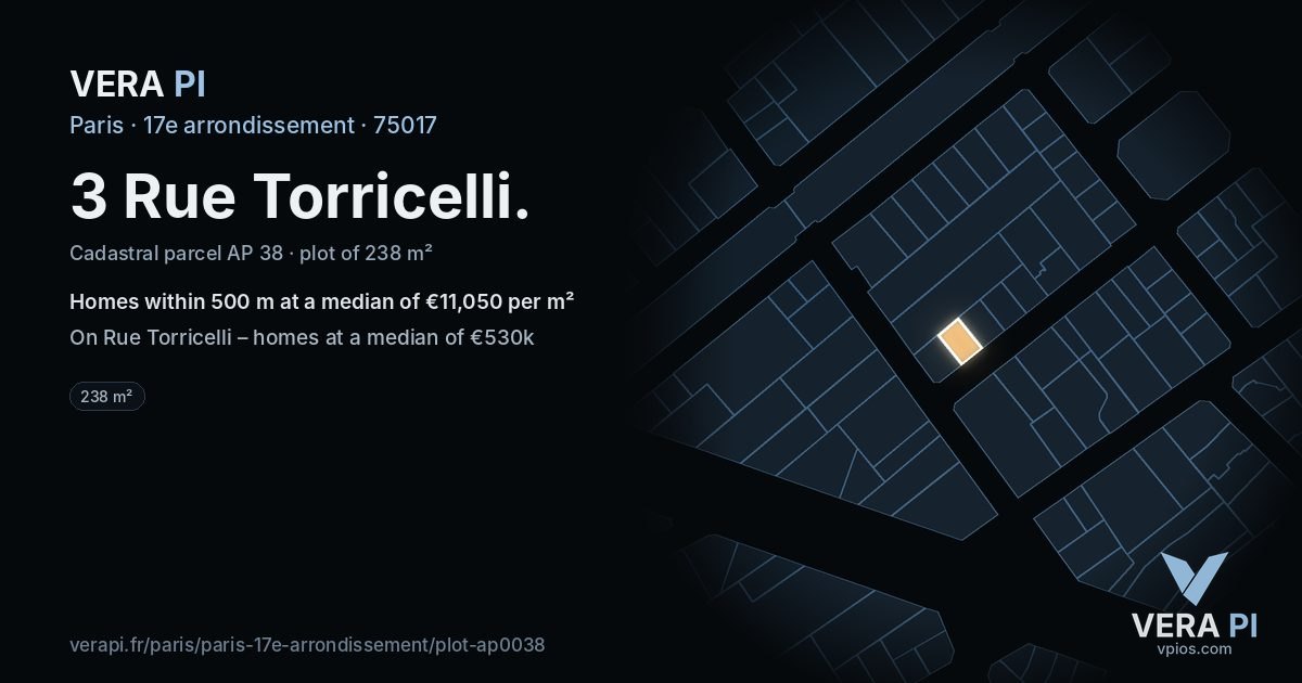 3 Rue Torricelli, 17e arrondissement at night – the plot lit, the parcels around coloured by the prices near them