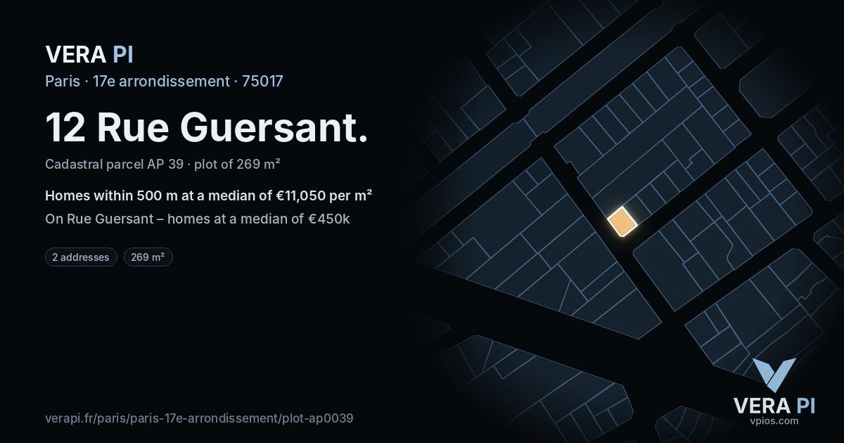 12 Rue Guersant, 17e arrondissement at night – the plot lit, the parcels around coloured by the prices near them