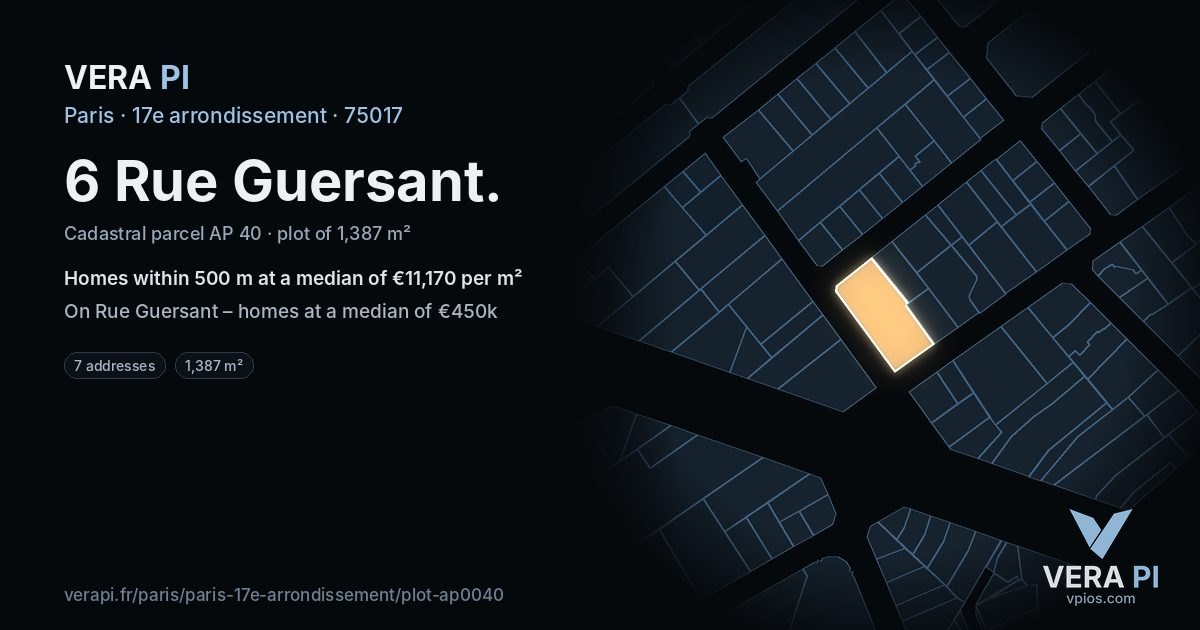 6 Rue Guersant, 17e arrondissement at night – the plot lit, the parcels around coloured by the prices near them