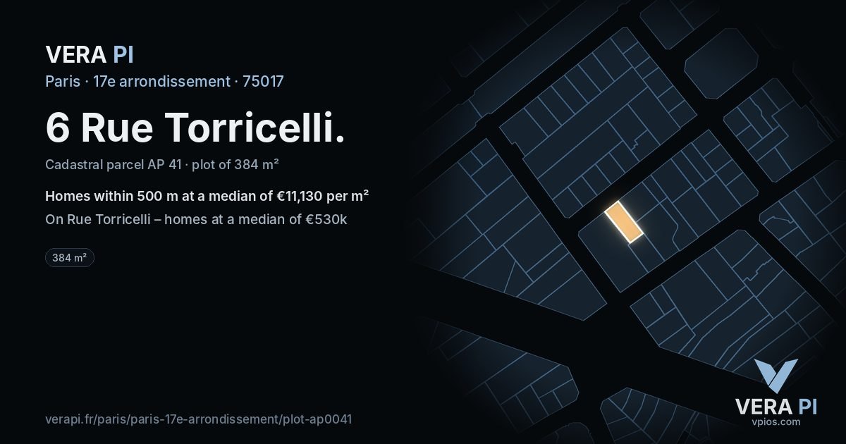 6 Rue Torricelli, 17e arrondissement at night – the plot lit, the parcels around coloured by the prices near them