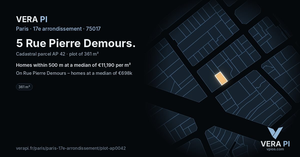 5 Rue Pierre Demours, 17e arrondissement at night – the plot lit, the parcels around coloured by the prices near them