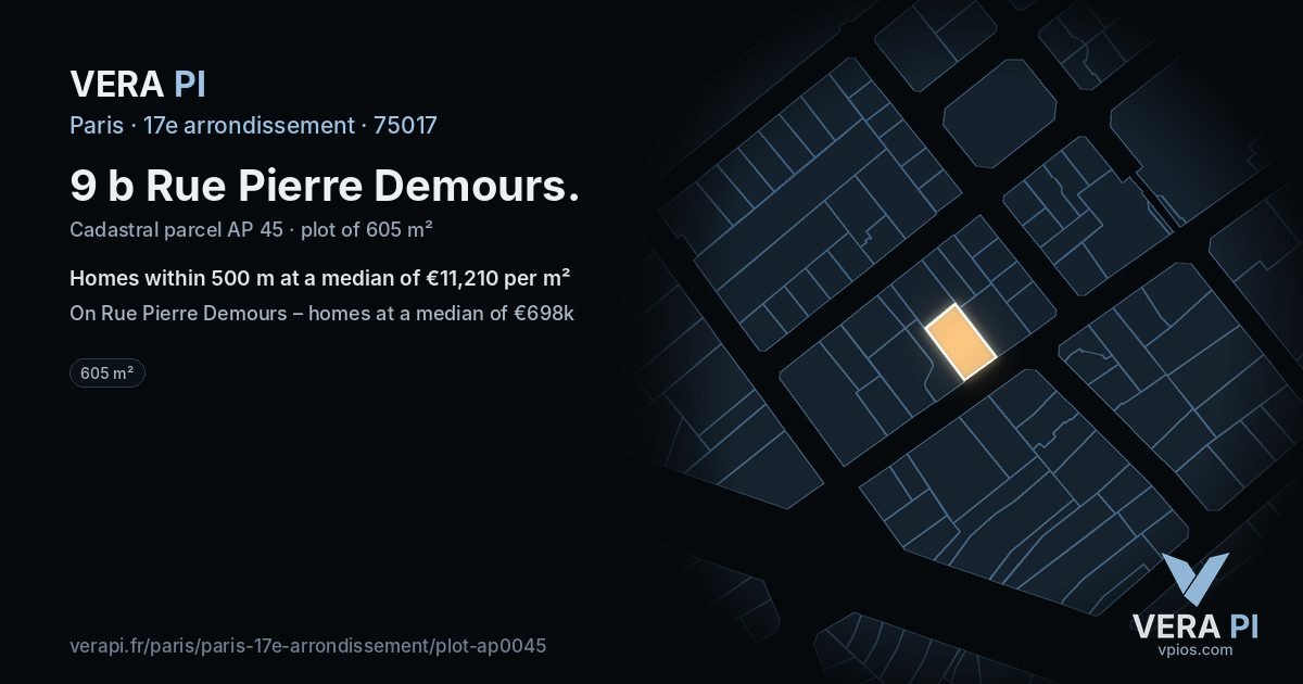 9 b Rue Pierre Demours, 17e arrondissement at night – the plot lit, the parcels around coloured by the prices near them