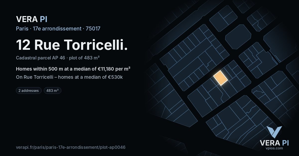 12 Rue Torricelli, 17e arrondissement at night – the plot lit, the parcels around coloured by the prices near them