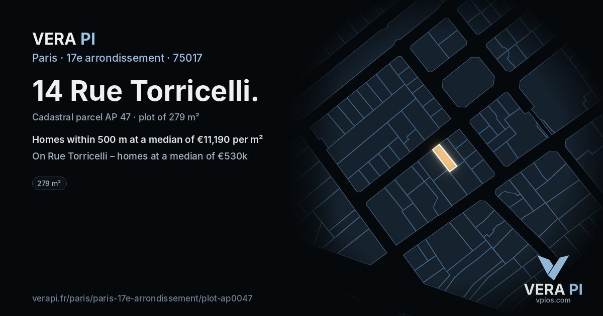 14 Rue Torricelli, 17e arrondissement at night – the plot lit, the parcels around coloured by the prices near them